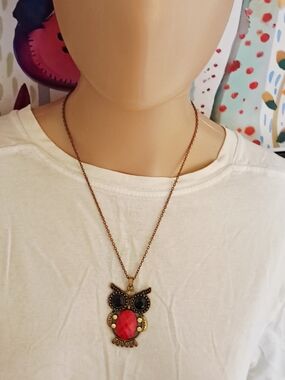 Owl Pendant Necklace in Antique Bronze with Red And Yellow Accents